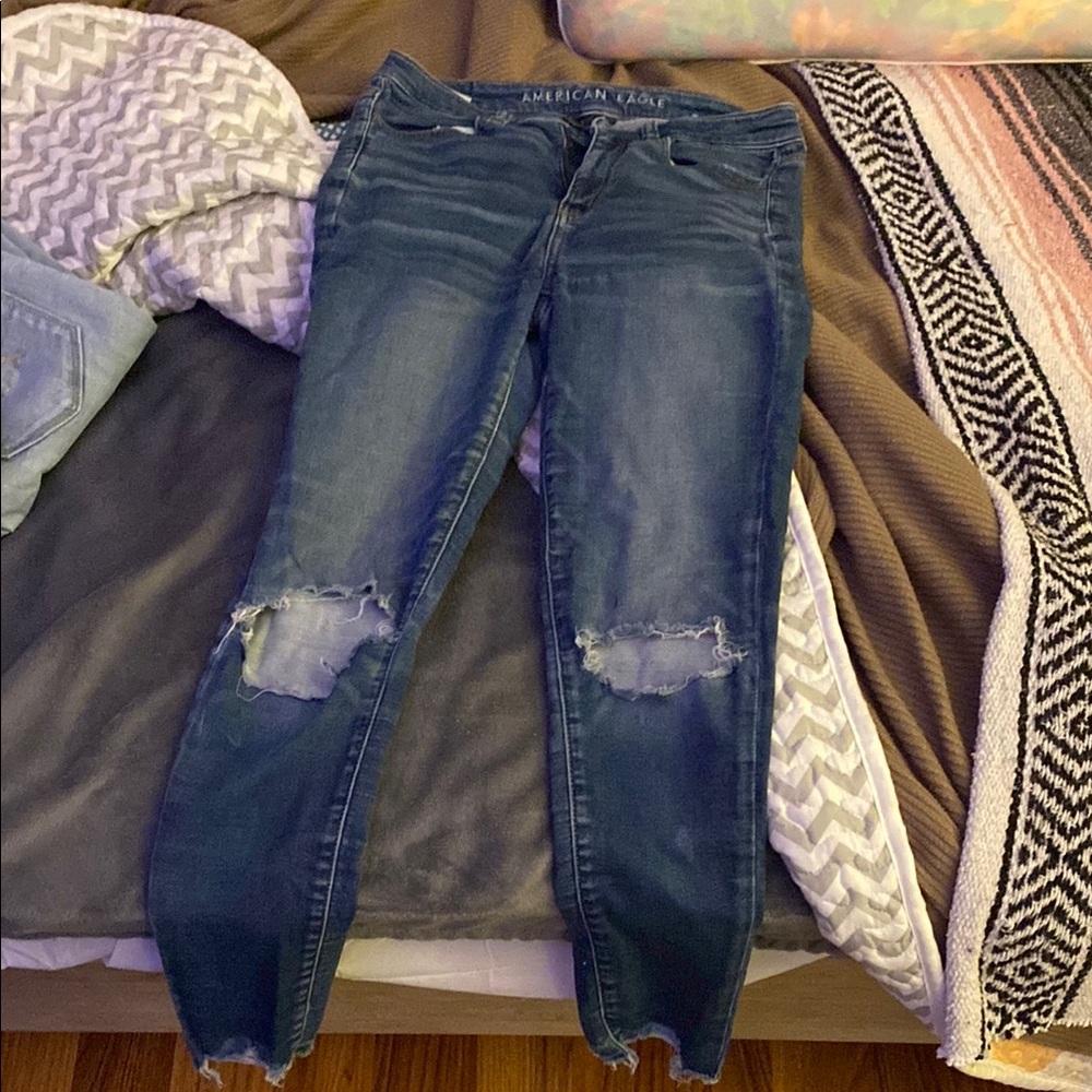 American Eagle Outfitters Blue Skinny Jeans with Distressed Details